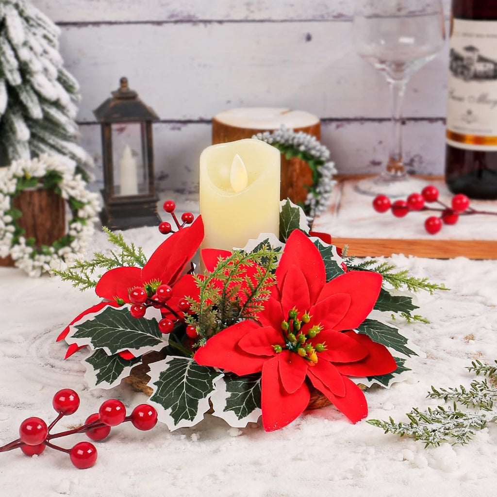 Regine Switzerland Christmas Candle Rings - Artificial Red Poinsettia & Pine Holders | 2 Pcs for Holiday Decor