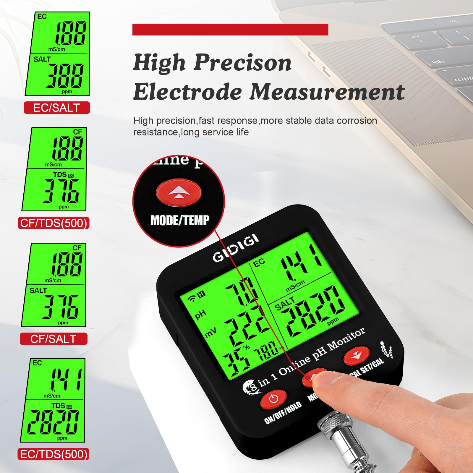 GIDIGI WiFi pH Salt Monitor Smart Water Quality Hydroponic pH EC Meter Digital pH TDS Salt EC Salt ORP Tester with Calibration Solution Kits for Fish Tank Salinity Tester for Saltwater Aquarium