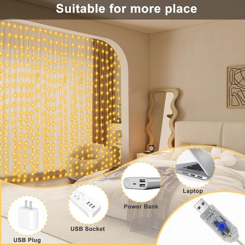 echosari 300 LED Curtain Lights, 9.8Ft x 9.8Ft USB Plug in Christmas Fairy Curtain Lights with Remote, Hanging String Light for Bedroom Backdrop Window Wall Wedding Decor, Warm White