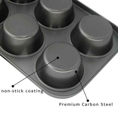Bakexcel Non-Stick Jumbo Muffin Pans, 6-Cup Set of 2 Baking Pans with a Spatula for Extra-large Muffins & Cupcakes
