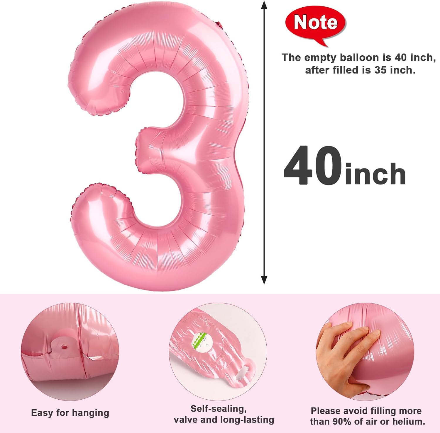 Numbers Balloon - 40 Inch Large Pastel Pink 3 for Three Year Old Birthday Decor | Party Decorations
