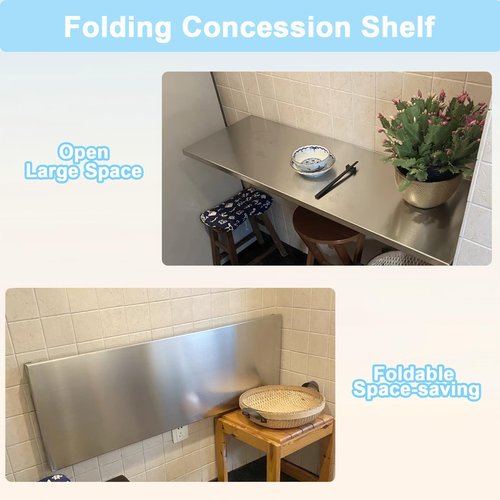 timiland Folding Concession Shelf 48 x 12 Inch, Stainless Steel Drop Down Serving Shelf, Wall Mounted Folding Shelf for Food Truck Window & Concession Stand