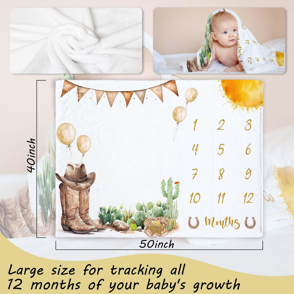 Kwtzkuo Western Milestone Blanket, Cowboy Baby Monthly Blanket with Marker, Newborn Baby Shower Photo Props My First Rodeo Gifts
