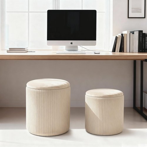 CAROLMADE Set of 2 Round Ottoman with Storage, Upholstered Vanity Stool Support 330lbs Multifunctional Coffee Table Ottoman Velvet Foot Rest Stool or Living Room Bedroom Dorm (Beige)
