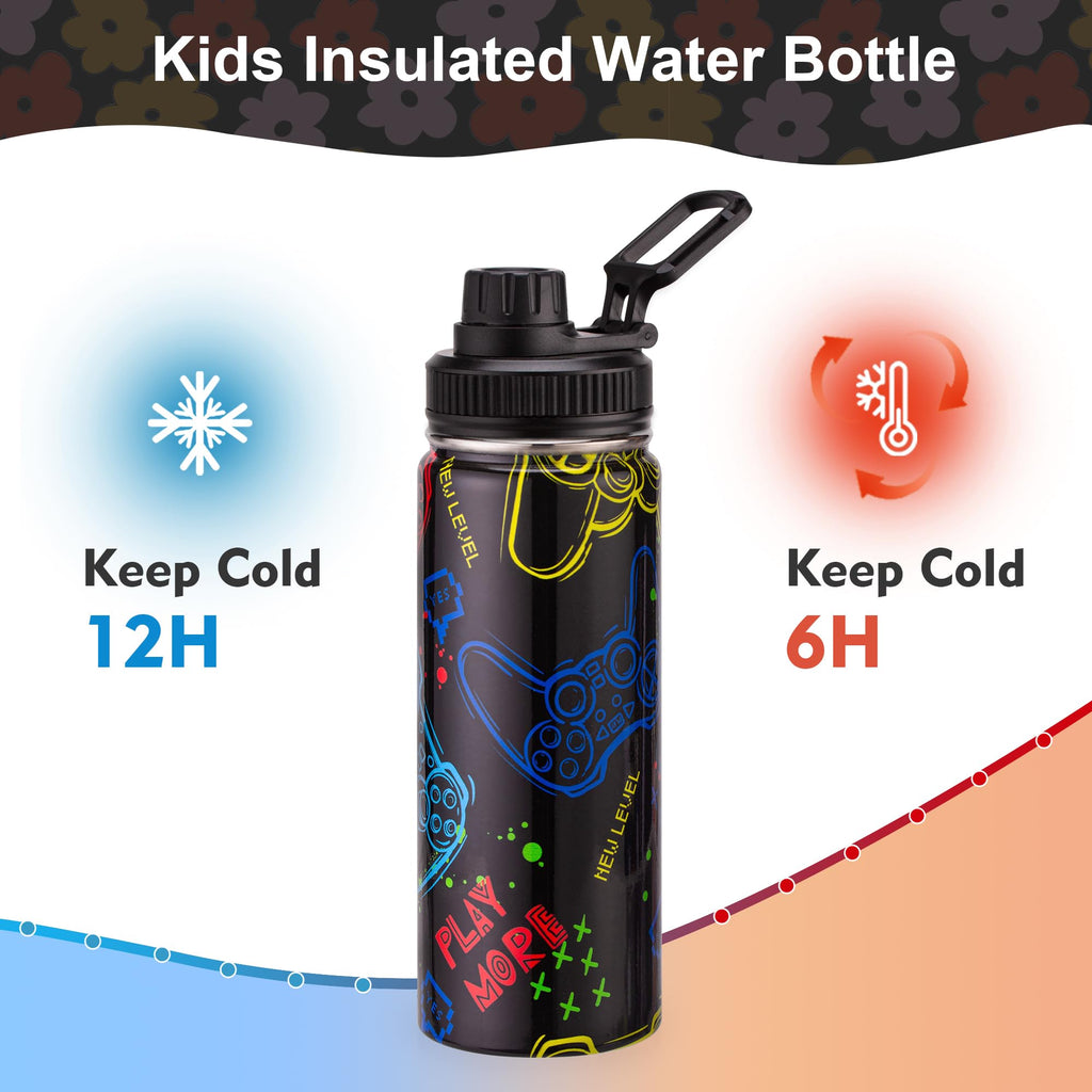 Skyflora 18oz Insulated Water Bottle with Straw Lid & Spout Lid, Game Controller, Gift for Kids Boys Girls Student Sports Travel Fitness Hiking Outdoors, Double Wall, Hands Wash Only, Black