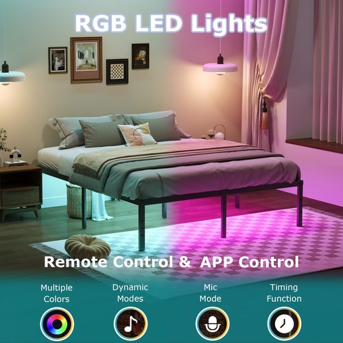YORMDMO 14 inch Twin Bed Frame, Metal Bedframe with LED Lights, Heavy Duty Basic Steel Slats Platform, Outlets & USB, No Box Spring Needed
