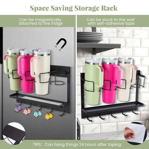 CINPIUK Water Bottle Organizer Holder, Magnetic Cup Rack Storage for Stanley & Large Tumbler, Space Saving Wall Mount Bottle Organizer with 5 Hook, Easy to Install, Black