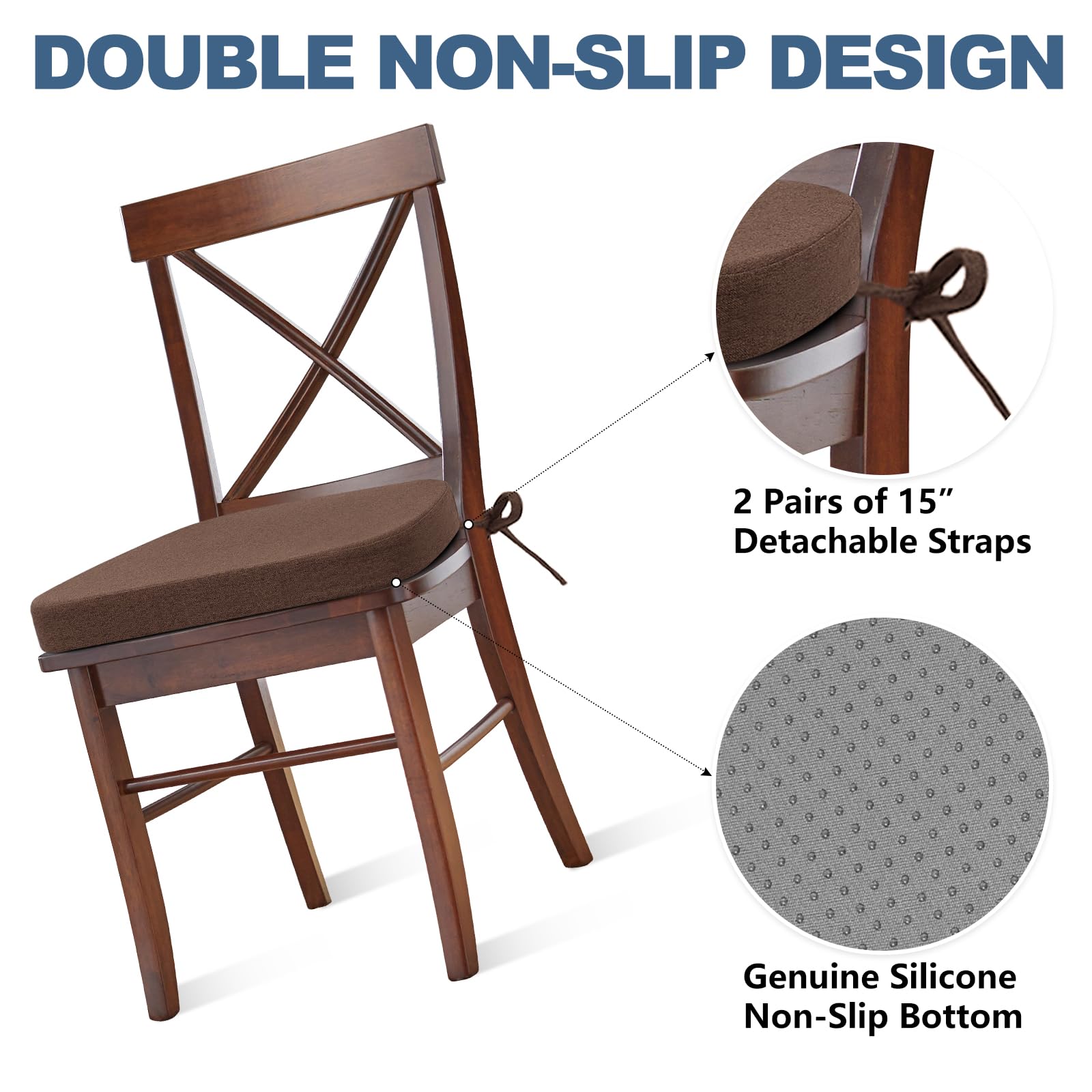 Shinnwa Dining Chair Cushions Set of 4, Non-Slip Kitchen Chair Cushions with Detachable Straps and Machine Washable Cover, 4 Pack, 17x16x2in, Brown