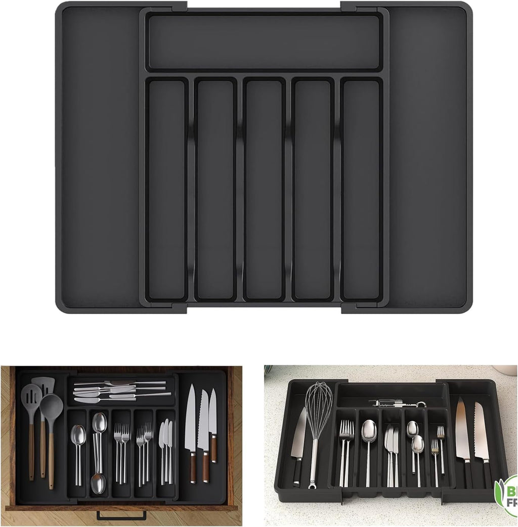 Skiennix Large Expandable Silverware Organizer - BPA-Free Plastic Utensil Tray for Kitchen Drawers | Adjustable Cutlery Holder