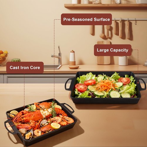 Keesha 9x13 Inch Cast Iron Pizza Pan - Pre-Seasoned Deep Baking Dish for Casserole & Lasagna