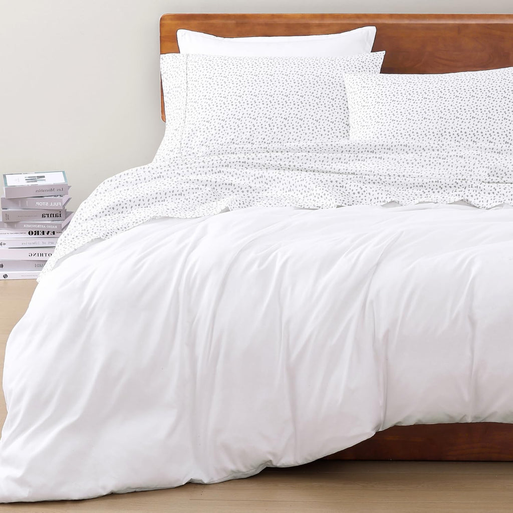 Skiennix 100% Organic Cotton Full Sheet Set - Ultra Soft, Breathable, GOTS Certified, White with Grey Dots, Fits Mattresses Up to 15 Inches Deep