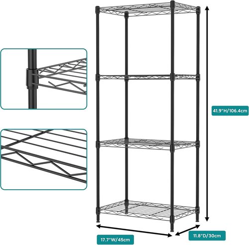 IZEUK 4-Tier Metal Wire Shelf Unit - Versatile Black Storage Rack for Kitchen, Bedroom, or Laundry | 17.7" W x 11.8" D x 41.9" H