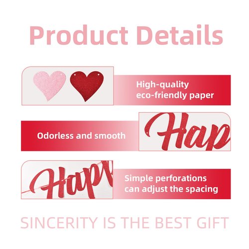 Glitter Happy Valentine's Day Banner with Hearts - Festive Valentine's Decor for Home, Party, Classroom - Red & Pink Romantic Sign for Valentine’s Holiday Decoration
