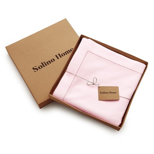 Solino Home Pink Tablecloth 58 x 84 Inch - Cotton Linen Hemstitch Rectangular Tablecloth - Machine Washable Table Cloth for Mothers Day, Spring, Summer