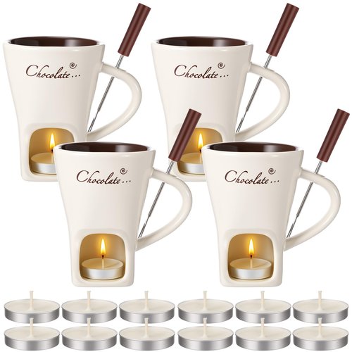 Honeydak 4 Set Chocolate Fondue Mug with Fork and Candle Sweet Ceramic Personal Chocolate Melting Cup Ideal Gifts for Birthday Date Night Birthday Wedding Gifts (White)