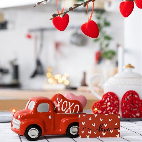 Smile Figurines Set of 3 - Sweet Valentine's Day Gifts for Him Her, Truck Heart Love Card, Indoor Decor Mantle Centerpieces and Tabletop Display