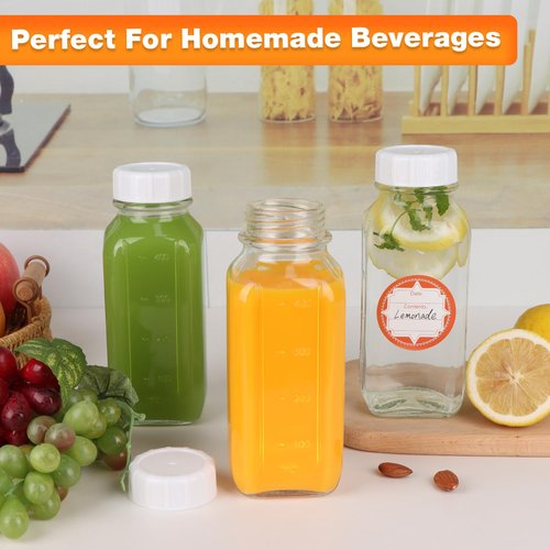 HINGWAH 4 Pack 16 OZ Glass Milk Bottles with Lids, Glass Juice Bottles with Scale & Silicone Pour Spout, Reusable Juice Containers Square Drinking Jars for Milk, Coffee, Smoothies, Water