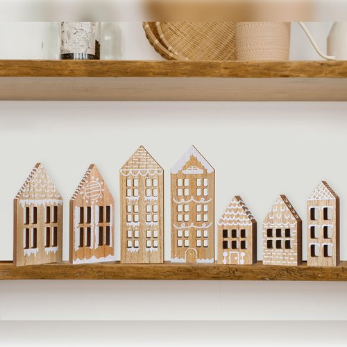 Briwooody 7 Pcs Christmas Village Houses Wooden Christmas Village Set Gingerbread House Decor Wood Ginger Bread Decor Winter Desk Shelf Ornament for Home Office Coffee Bar Tabletop(Gingerbread Colors)