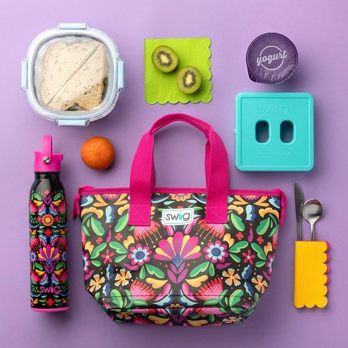Swig Life Lunchi Lunch Box, Waterproof and Insulated Lunch Box for Women with Wide Bottom, Zipper Closure, Back Pocket and Top Handle in Garden Party
