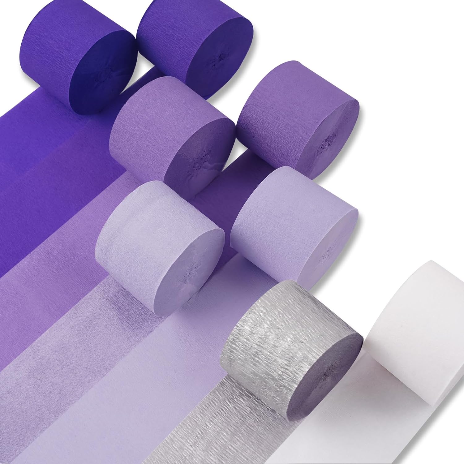 PartyWoo Purple Crepe Paper Streamers - 8pcs 656ft Light & Dark Purple, Lavender, White, Silver for Birthday & Graduation Decor