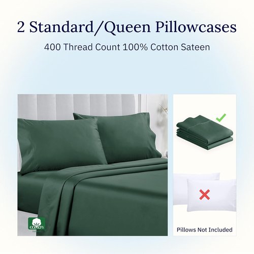 California Design Den Pillowcase Set | Standard Queen Size - 400 Thread Count, 100% Cotton Sateen, Soft & Breathable - Hunter Green