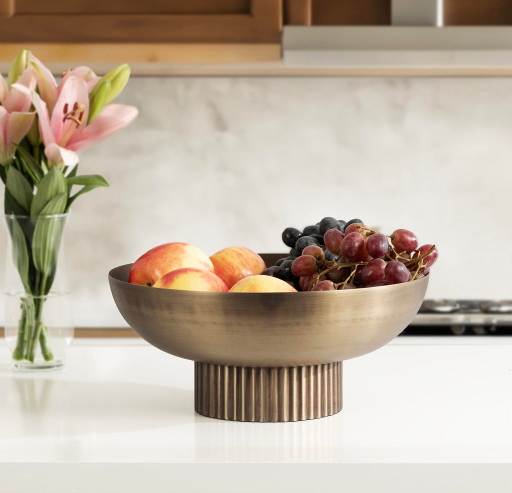 Kate and Laurel Rooks Ribbed Decorative Metal Bowl; 12 Inch Diameter; Brass; Modern Raised Fruit Bowl for Kitchen Counter or Use as a Key Bowl for an Entryway Table