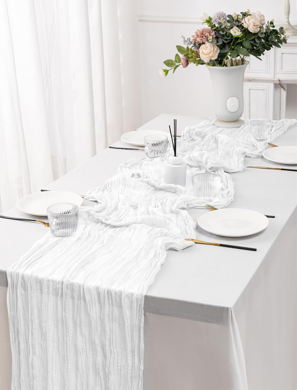 Skiennix 12 Pack White Spring Easter Table Runners - 10FT Boho Gauze Cheesecloth | 21 x 120 Inch for Weddings & Parties