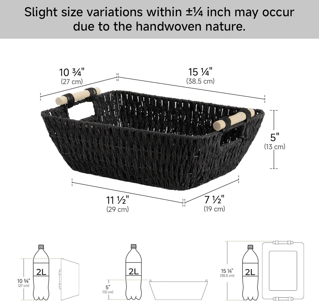 StorageWorks Large Wicker Storage Basket - Organize with Wooden Handles | Black, 2-Pack