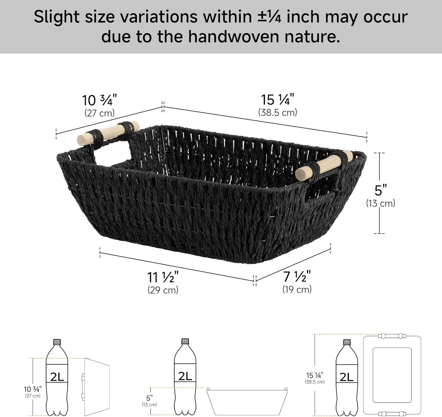 StorageWorks Large Wicker Storage Basket - Organize with Wooden Handles | Black, 2-Pack