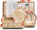 Perlli 10-Piece Baking Set - Nonstick Gold Steel Bakeware with Silicone Handles | Includes Cookie Sheets, Cake Pans, and More