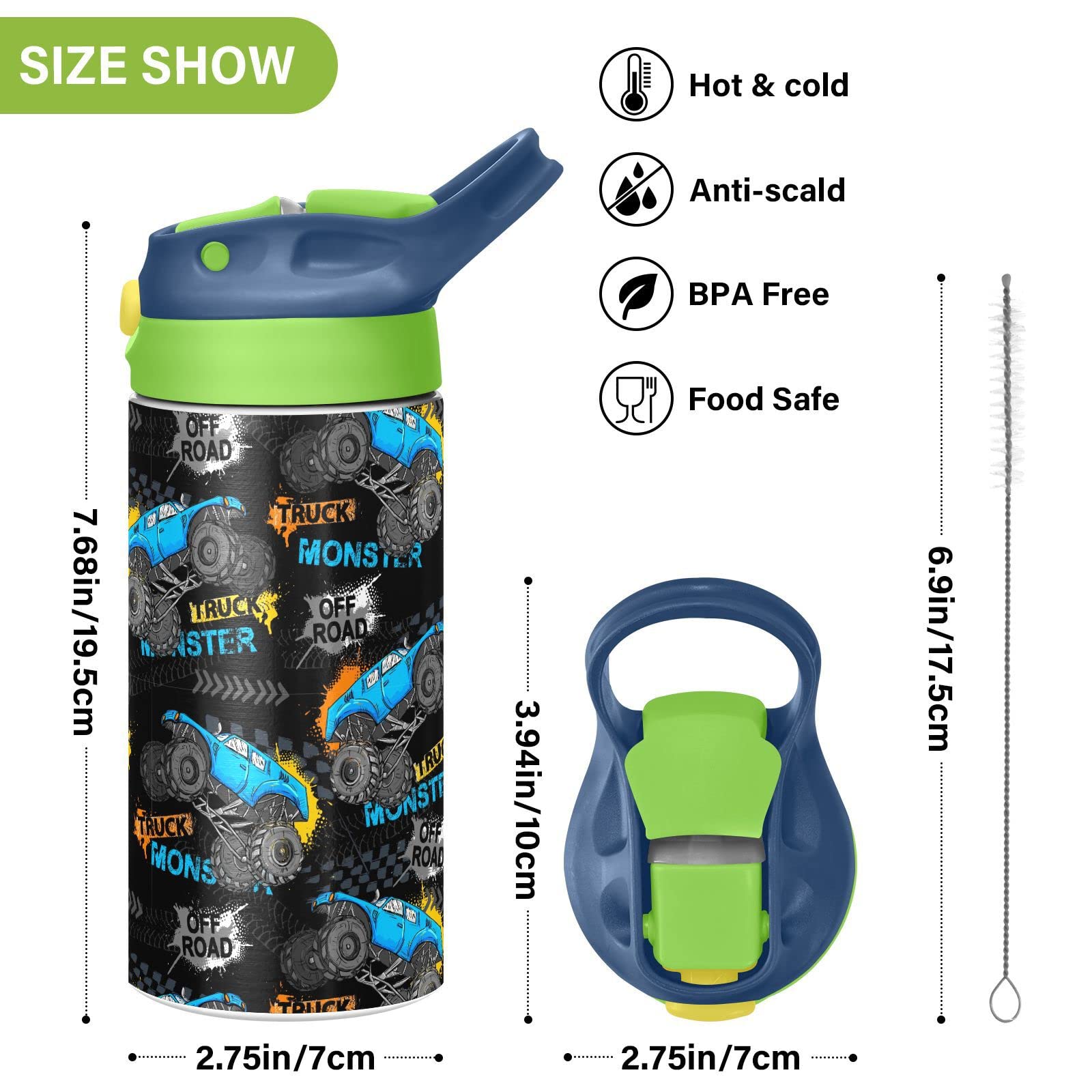 Monster Truck Tires Insulated Stainless Steel Water Bottle for Kids Toddlers Steel Cup with Straw & Handle Kids Cups for Boys Girls School Office Travel Sports Gym