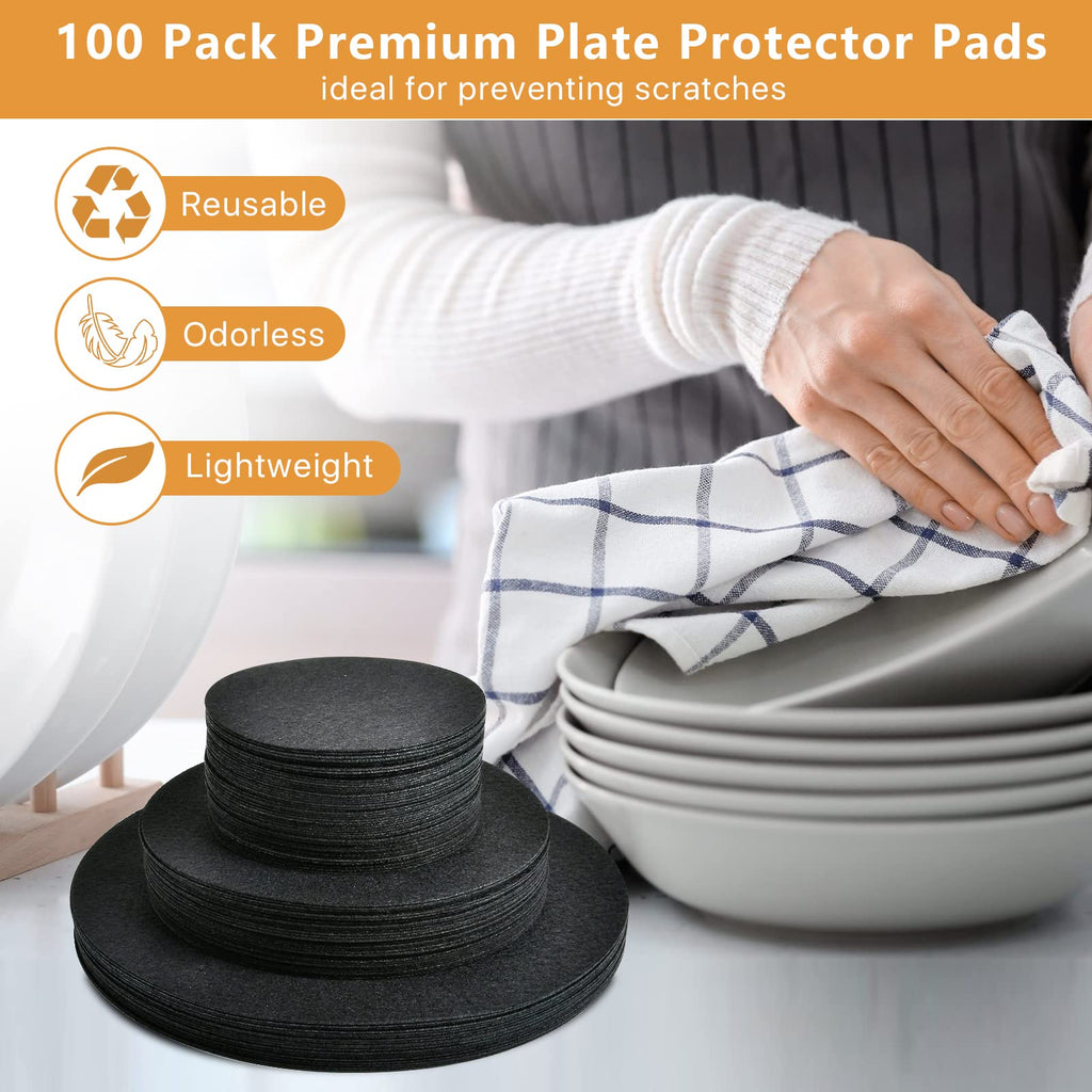 Aemygo 100 Pack Felt Plate Storage Dividers, Thick Felt Round Dish Storage Protectors Pads with 3 Sizes, Premium China Plate Separators for Packing Stacking Cookware, Black