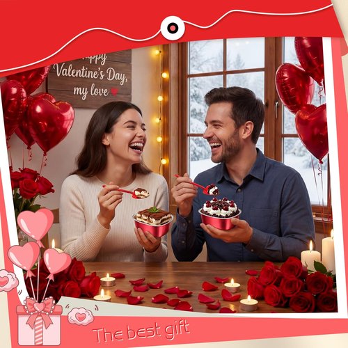 Blushtier 120 Set 3.4 oz Heart Shaped Cake Pans with Lids Spoons for Baking Aluminum Foil Cupcake Cups Disposable Mini Plastic Spoons Heart Containers for Valentine's Day Wedding Birthday Party (Red)