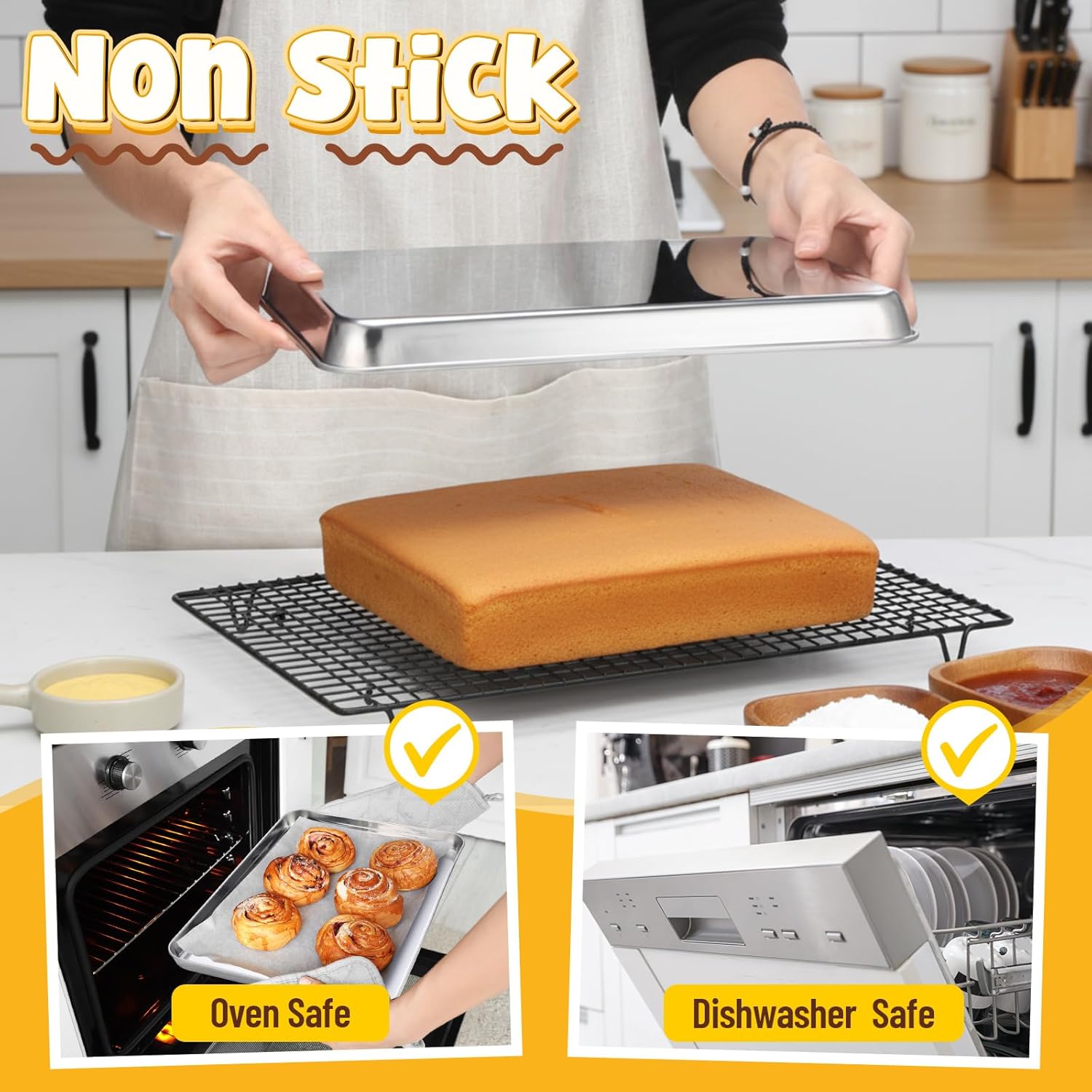 Skiennix Stainless Steel Baking Pans Set - Heavy Duty Non-Stick Cookie Sheets | 4 Pack, 9-16 Inch Sizes