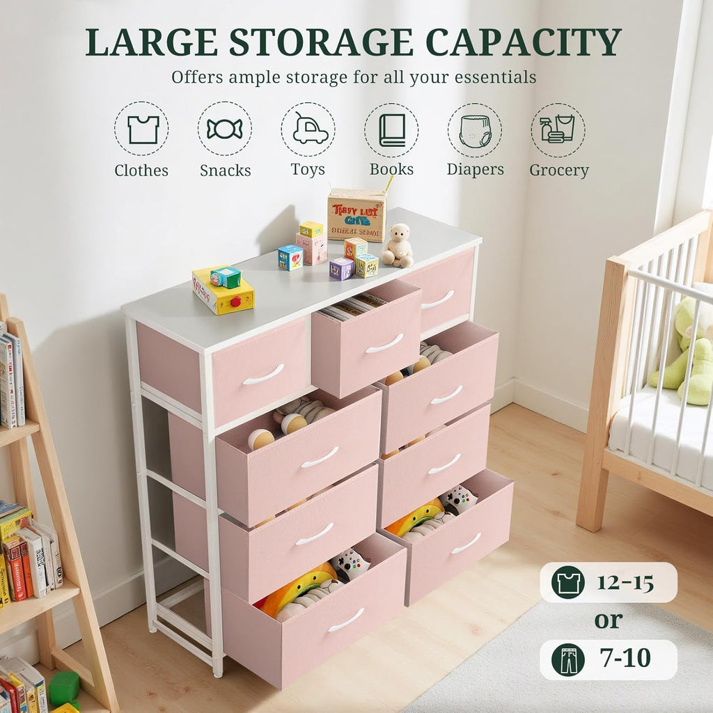 Regine Switzerland 9-Drawer Dresser - Anti-Tip Tall Storage Organizer with Wooden Top & Metal Frame - Pink