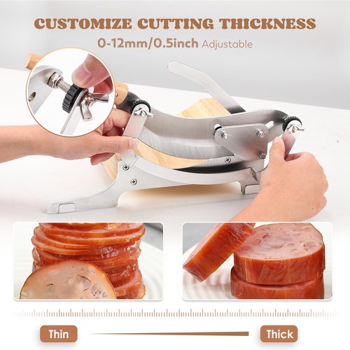 Moongiantgo Biltong Slicer Chinese Medicine Radiused Beef Jerky Cutter with Handguard, 0-0.5’’ Adjustable Thickness, Wooden Base Herb Root Cutting Machine for Ginseng Antler Gastrodiae Maca Ganoderma