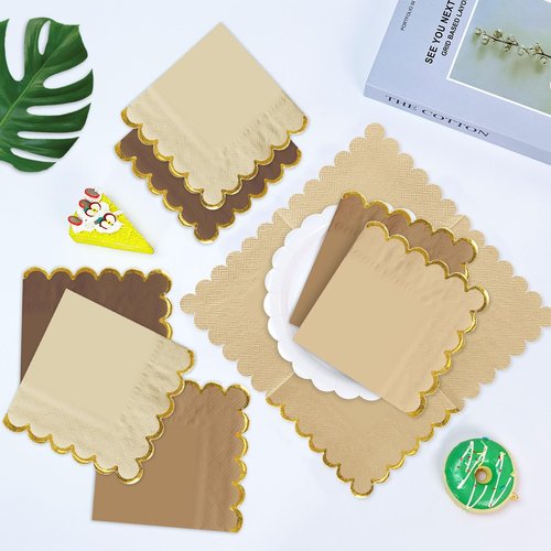 FALIZIFU 50 Pieces 2-Ply Brown Scalloped Napkins with Gold Foil Cocktail Napkins Disposable Paper Napkins for Dinner Wedding Baby Shower Birthday Party Beverage Napkins