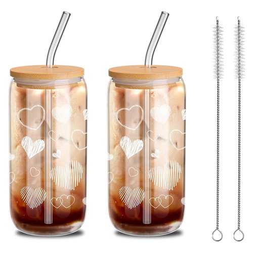Yetene 2 Sets White Hearts Glass Cups, 16 oz Valentine's Day Tumbler Glasses with Bamboo Lids and Straws Iced Coffee Clear Glass Drinking Cups for Galentines Party Couple Lover Birthday Gifts