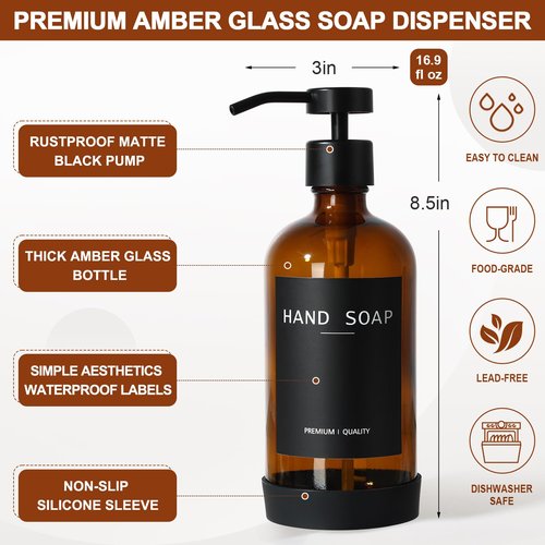 Kitchen Soap Dispenser Set with Tray, Amber Glass Soap Dispensers with Iron Basket, Decorative Hand and Dish Soap Dispenser Set, Soap and Lotion Dispensers for Kitchen and Bathroom Storage Organizer