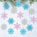 Skiennix Winter Snowflake Hanging Ornaments - Sparkly Ceiling Streamers for Christmas & New Year | Glitter Pink, Blue & Silver