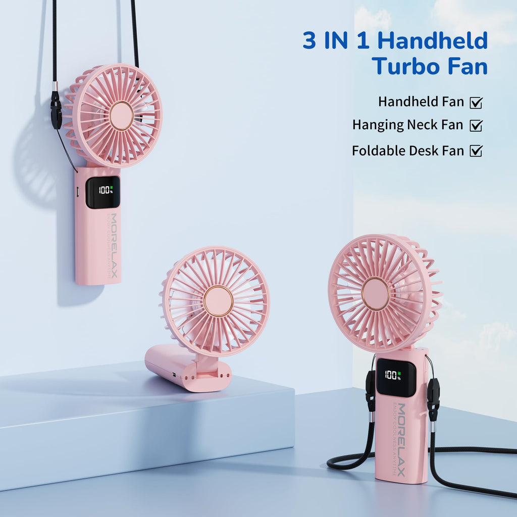 Portable Handheld Fan, USB Rechargeable Foldable Mini Personal Fan, 5200mAh, 180 Adjustable, 6 Speed Wind, 3 IN 1 Hand Cooling Desk Fan with LED Display for Home Office School Outdoor Travel, Pink