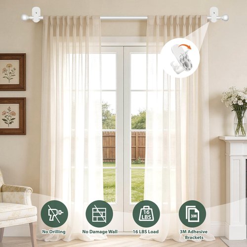 Curtain Rods No Drilling 32 to 58 Inches, USFOOK 5/8 Inch No Drill Curtain Rods for Windows with 3M Adhesive Brackets, Renter Friendly Drapery Pole with White Round Finials
