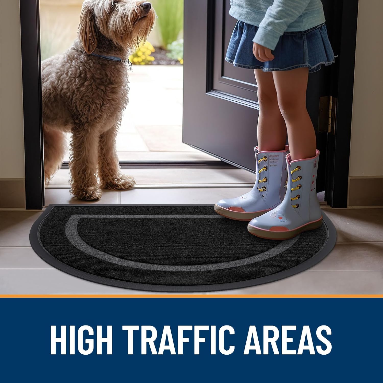 OLANLY Half Circle Door Mat - Waterproof All-Weather Entrance Mat | Sturdy Natural Rubber, 29.5x17, Black