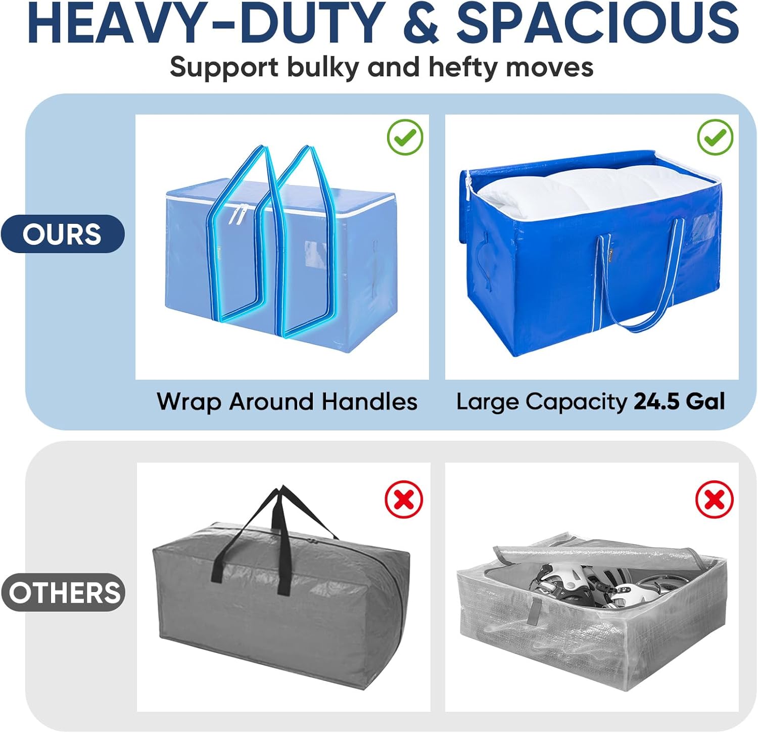 BALEINE Oversized Moving Bags - Heavy-Duty Storage Totes with Reinforced Handles | Royal Blue, 8-Pack