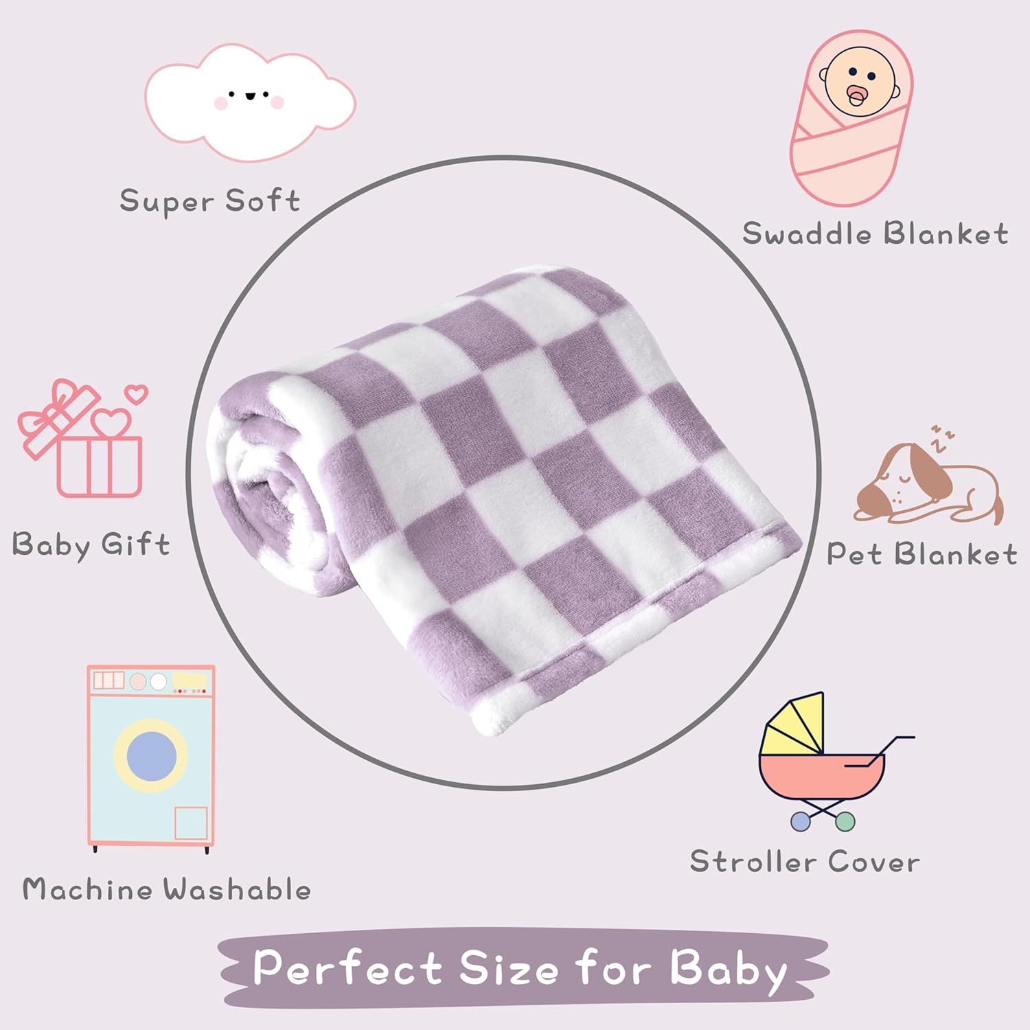 Yurhap Checkered Baby Blanket - Ultra Soft Fleece Receiving Blanket for Newborns | 30''x40'', Purple