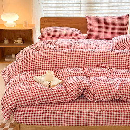 NSNLGSGC Red Gingham Duvet Cover Set Queen, Grid Simple Geometric Square Pattern Comforter Cover,Soft Plaid Washed Microfiber Bedding Cover(3PCS,Queen)