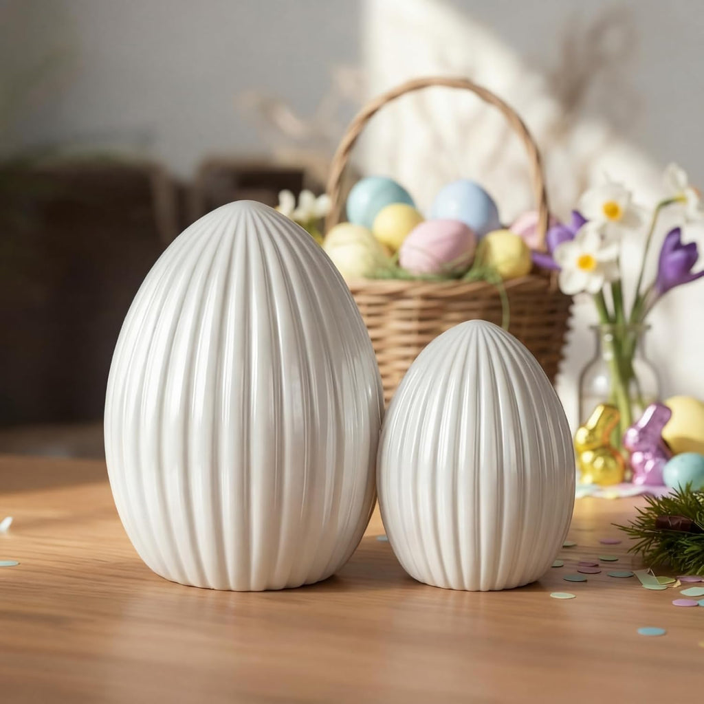 Skiennix Large Ceramic Easter Egg - White Spring Table Centerpiece for Minimalist Decor | 2 Pcs Set