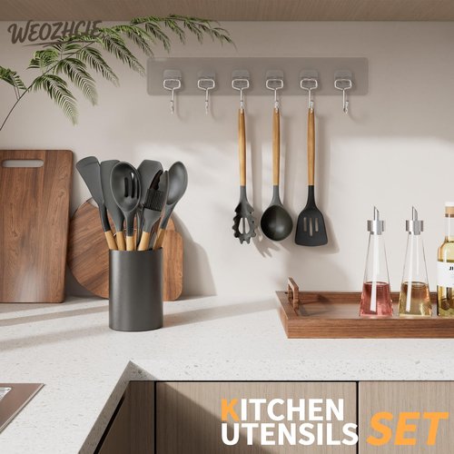Lecakolma Silicone Cooking Utensil Set,12 PCS Cooking Kitchen Utensils Set, Nonstick Kitchen Utensils 446°F Heat-Resistant Cookware Kitchen Tools of Spoon,Brush,Whisk,Spatula,Turner Tongs (Gray)