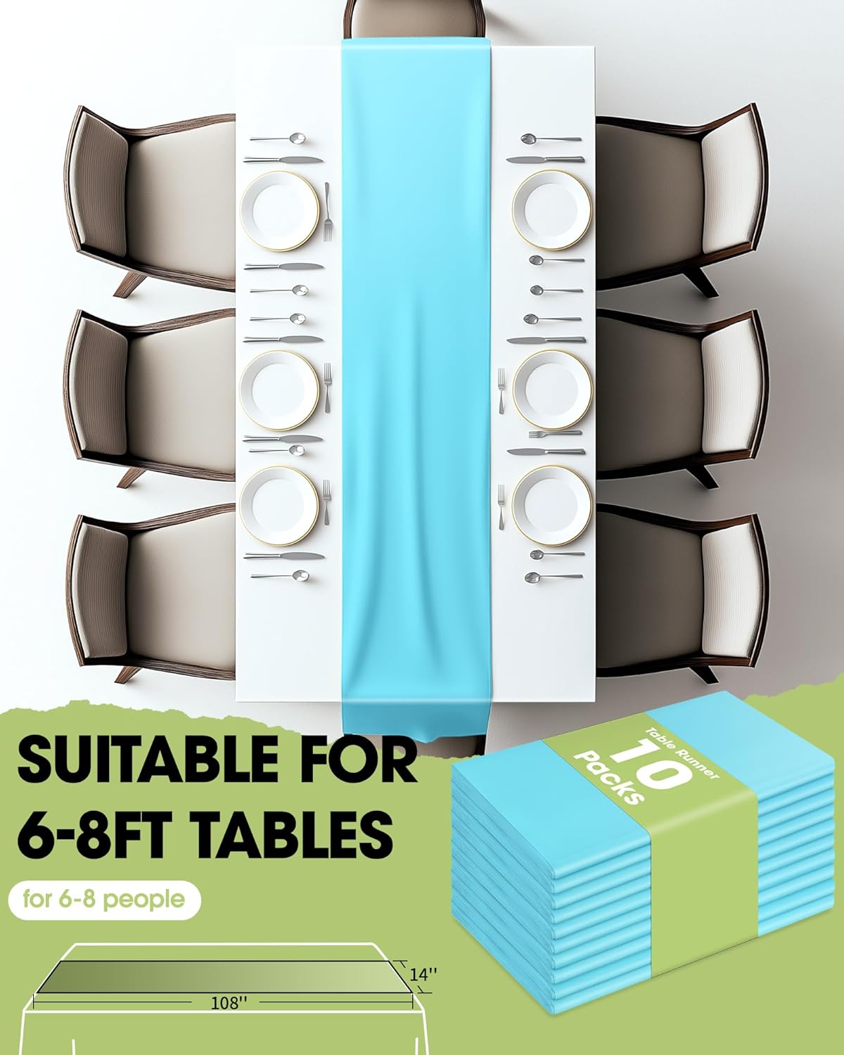 Pureegg Disposable Table Set - 10 Pack Leakproof White & Blue Tablecloths & Runners | 54''x108'' & 14''x108'' for Events