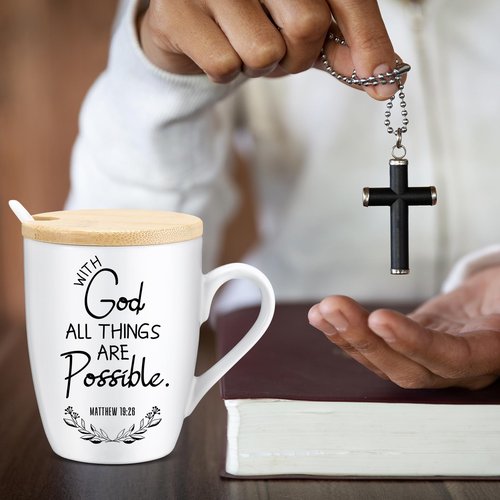 Patelai 12 Set Christian Mugs Bulk 12oz Inspirational Bible Verse Ceramic Coffee Mug with Lid Handle Spoon Religious Gifts for Sunday School Church Men Women Coworker(English)
